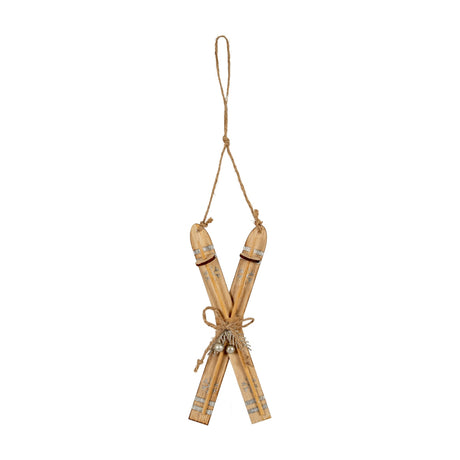 Hill Interiors Natural Rustic Crossed Skis Wooden Ornament in beige with silver snowflake detail, jute bow and hanging loop, on a white background.