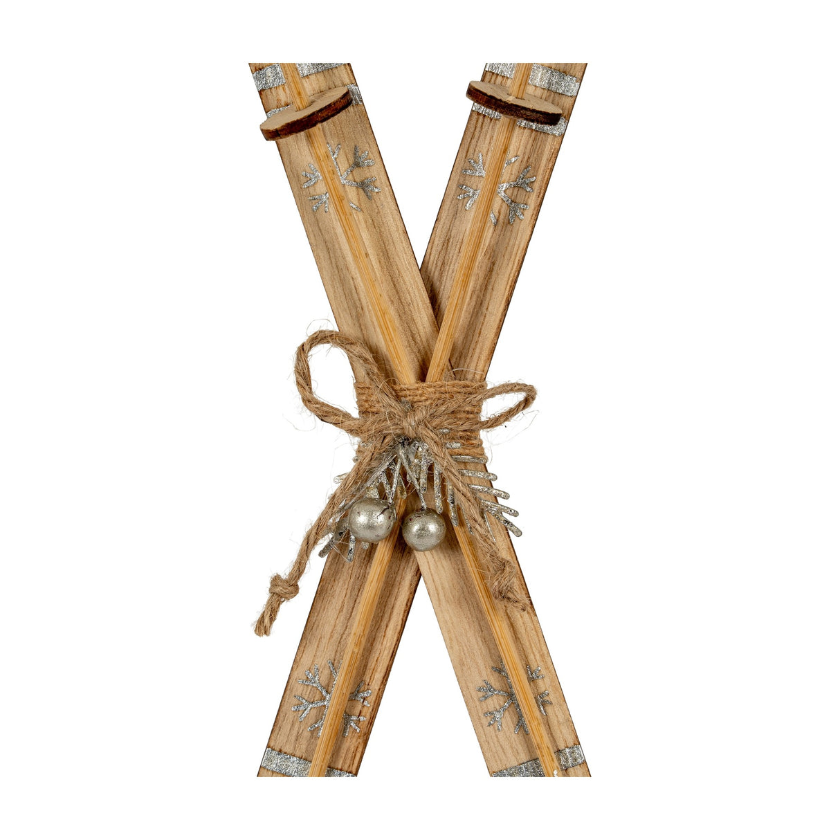 Hill Interiors Natural Rustic Crossed Skis wooden ornament in beige, tied with twine and silver berries, with glittered snowflake detailing on the timber.