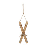 Hill Interiors large rustic crossed wooden skis ornament in beige with silver snowflake detailing and jute hanging cord, shown on a white background.