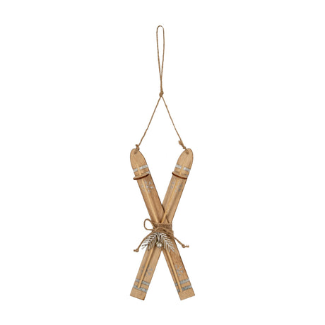 Hill Interiors large rustic crossed wooden skis ornament in beige with silver snowflake detailing and jute hanging cord, shown on a white background.