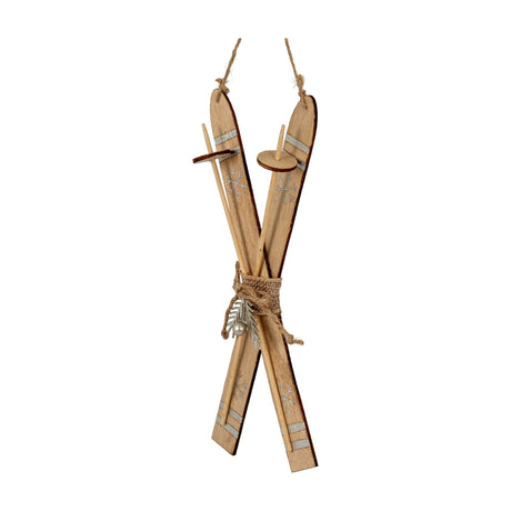 Hill Interiors Large Natural Rustic Crossed Wooden Skis Ornament in beige with silver snowflake detail, jute hanging cord and burlap tie, on a white background.