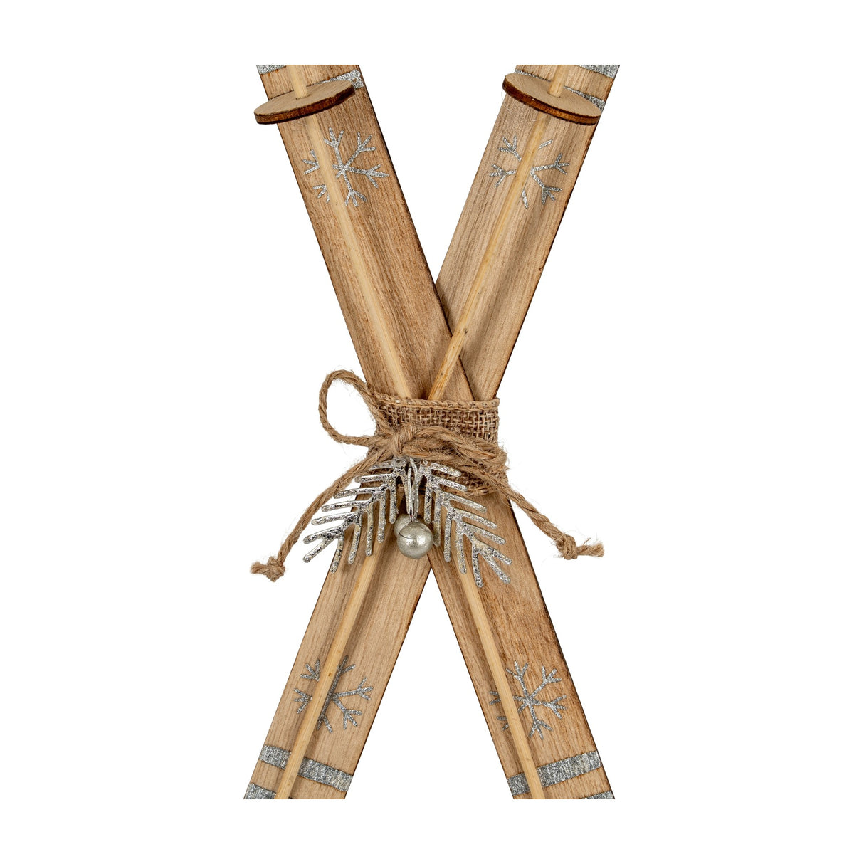 Hill Interiors Large Natural Rustic Crossed Wooden Skis Ornament in beige with silver snowflake details, twine bow and sprig, shown on a white background.
