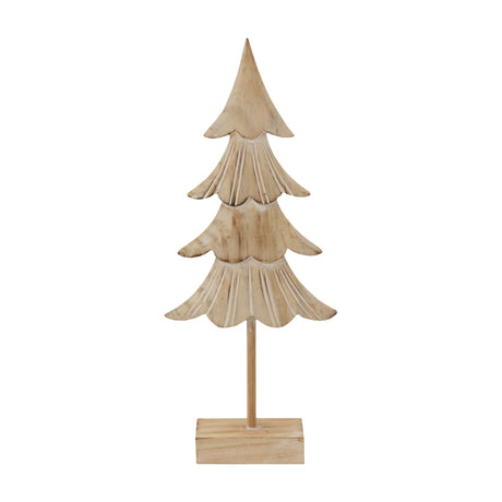 Hill Interiors Rustic Fir Tree on Stand in brown carved wood with tiered layered branches on a small square base, shown against a plain white background.