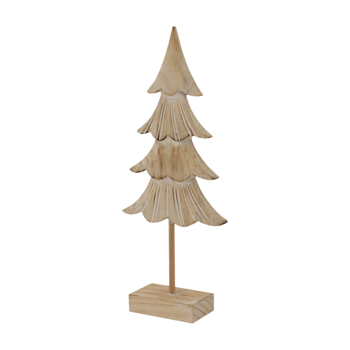 Hill Interiors Rustic Fir Tree on Stand in brown carved wood with tiered layered branches on a small rectangular base, shown against a white background.