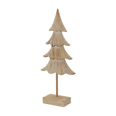 Hill Interiors Rustic Fir Tree on Stand in brown carved wood with tiered layered branches on a small rectangular base, shown against a white background.