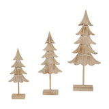 Hill Interiors Rustic Fir Tree on Stand in brown, shown as three carved wooden tiered trees on square bases against a white background.