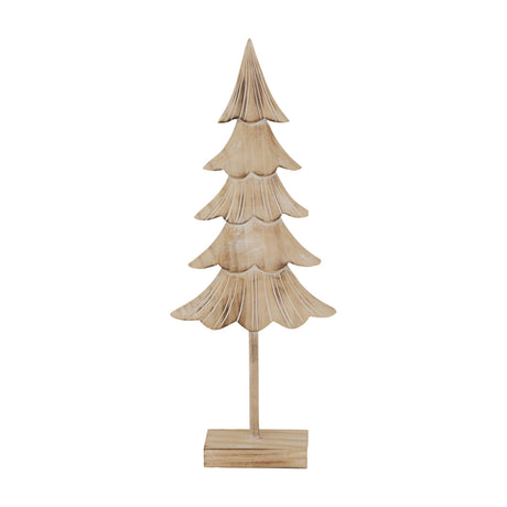 Hill Interiors Medium Rustic Fir Tree on Stand in brown, a carved wooden tiered Christmas tree decoration on a small square base, shown on a white background.