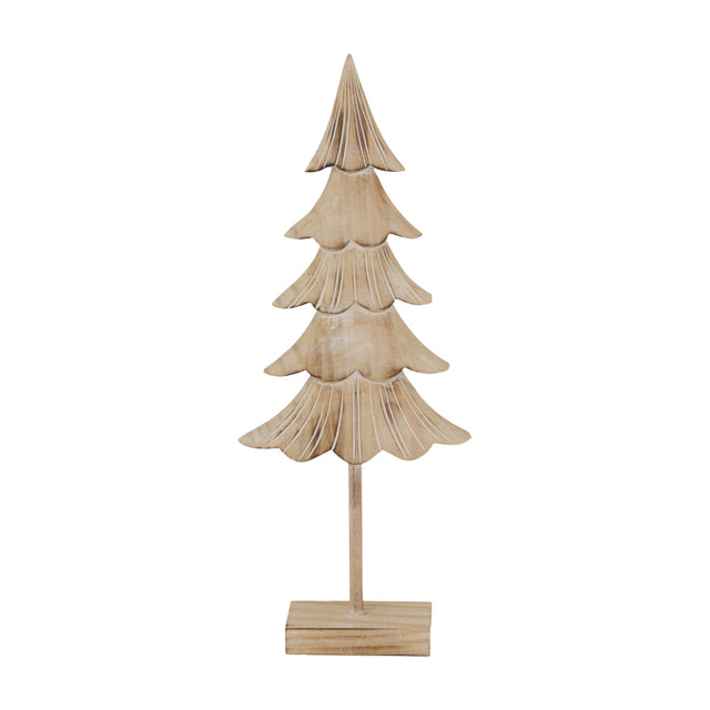 Hill Interiors Medium Rustic Fir Tree on Stand in brown, a carved wooden tiered Christmas tree decoration on a small square base, shown on a white background.