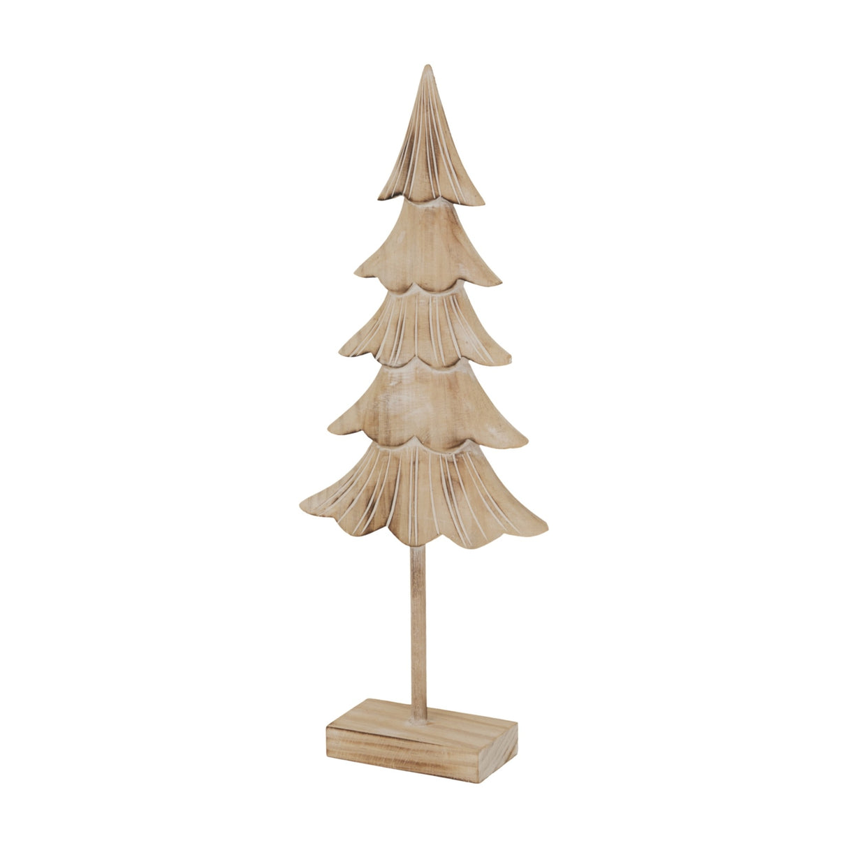 Hill Interiors Medium Rustic Fir Tree on Stand in brown carved wood with tiered branches on a square base, shown against a plain white background.