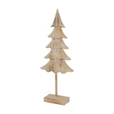 Hill Interiors Medium Rustic Fir Tree on Stand in brown carved wood with tiered branches on a square base, shown against a plain white background.