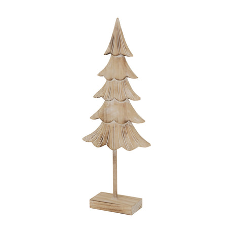 Hill Interiors Medium Rustic Fir Tree on Stand in brown carved wood with tiered branches on a square base, shown against a plain white background.