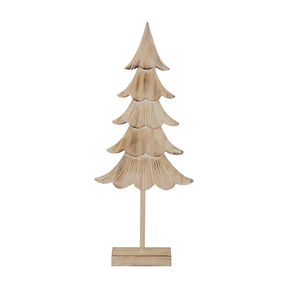 Hill Interiors Large Rustic Fir Tree on Wooden Stand in brown carved wood with tiered layered branches on a square base, shown on a white background.