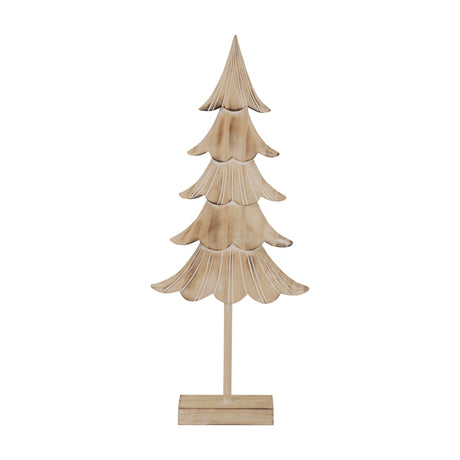 Hill Interiors Large Rustic Fir Tree on Wooden Stand in brown carved wood with tiered layered branches on a square base, shown on a white background.