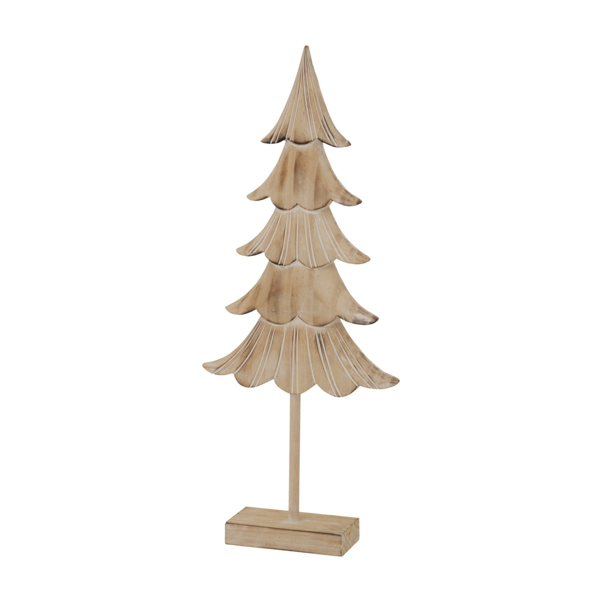 Hill Interiors Large Rustic Fir Tree on Wooden Stand in brown, carved solid wood with tiered layered branches on a square base, shown on a white background.
