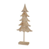 Hill Interiors Large Rustic Fir Tree on Wooden Stand in brown, carved solid wood with tiered layered branches on a square base, shown on a white background.