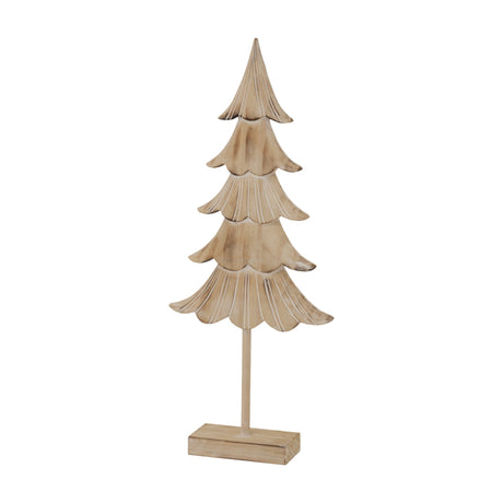 Hill Interiors Large Rustic Fir Tree on Wooden Stand in brown, carved solid wood with tiered layered branches on a square base, shown on a white background.
