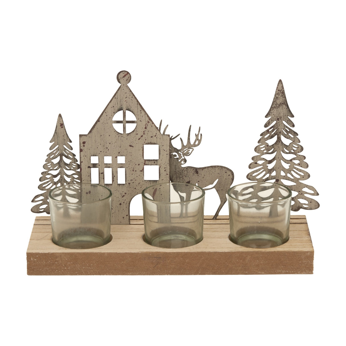 Rustic Metal Scene Tealight Holder on Wood Stand with Glass – Brown