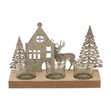 Rustic Metal Scene Tealight Holder on Wood Stand with Glass – Brown