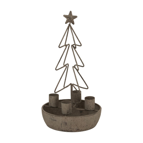 Hill Interiors Rustic Tree and Star Outline metal candle holder in bronze, with a wire tree topped by a star set in a round dish base with four candle cups.