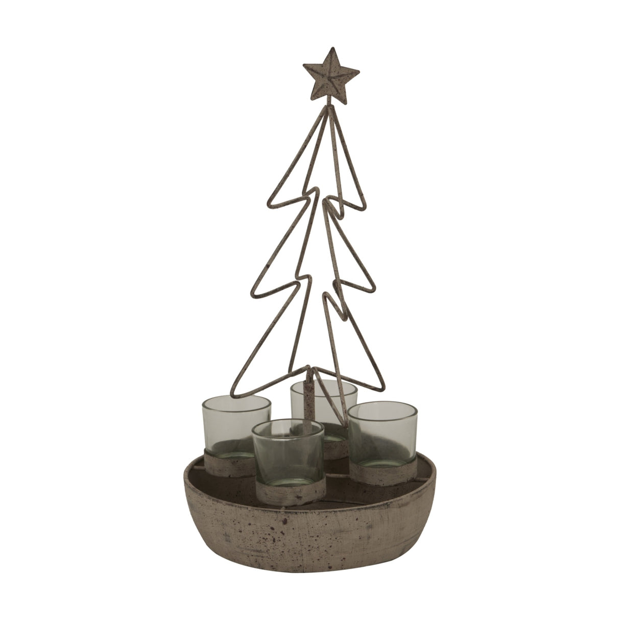 Rustic Outline Tree and Star Four-Glass Candle Holder – Bronze