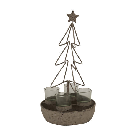 Hill Interiors Rustic Outline Tree and Star bronze metal candle holder with four glass tealight cups in a round base, on a plain white background.