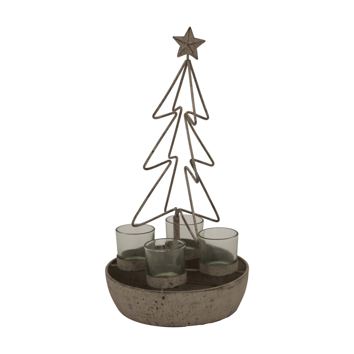 Rustic Outline Tree and Star Four-Glass Candle Holder – Bronze