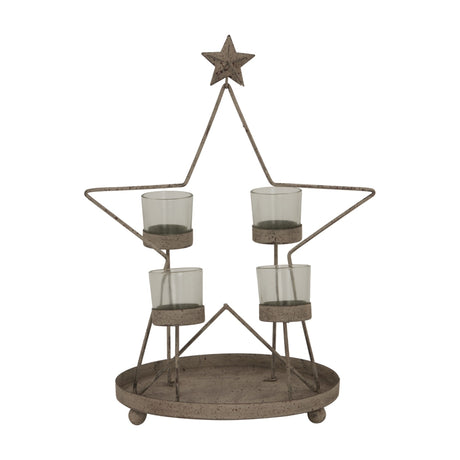 Hill Interiors Rustic Outline Star candle holder in aged bronze metal, with four glass tealight cups set within the star frame on an oval base.