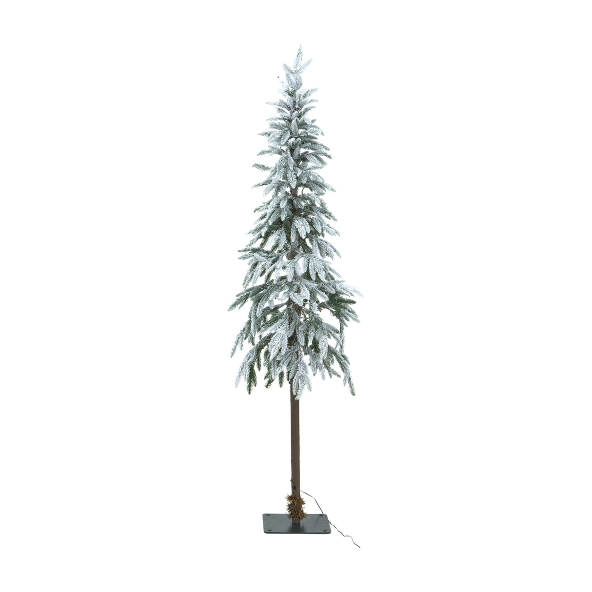 Hill Interiors Large Snowy Woodland 180cm pre-lit Christmas tree with slim flocked branches, 350 warm LEDs and a bare trunk, on a plain white background.