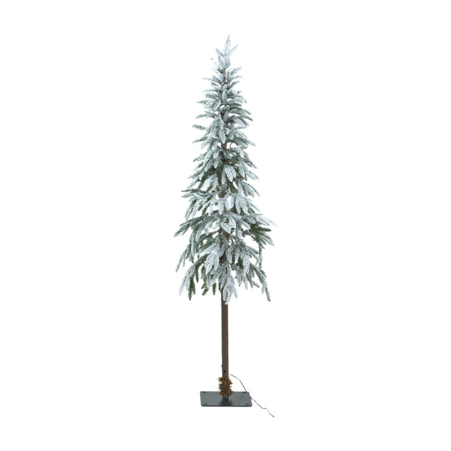 Hill Interiors Large Snowy Woodland 180cm pre-lit Christmas tree with slim flocked branches, 350 warm LEDs and a bare trunk, on a plain white background.