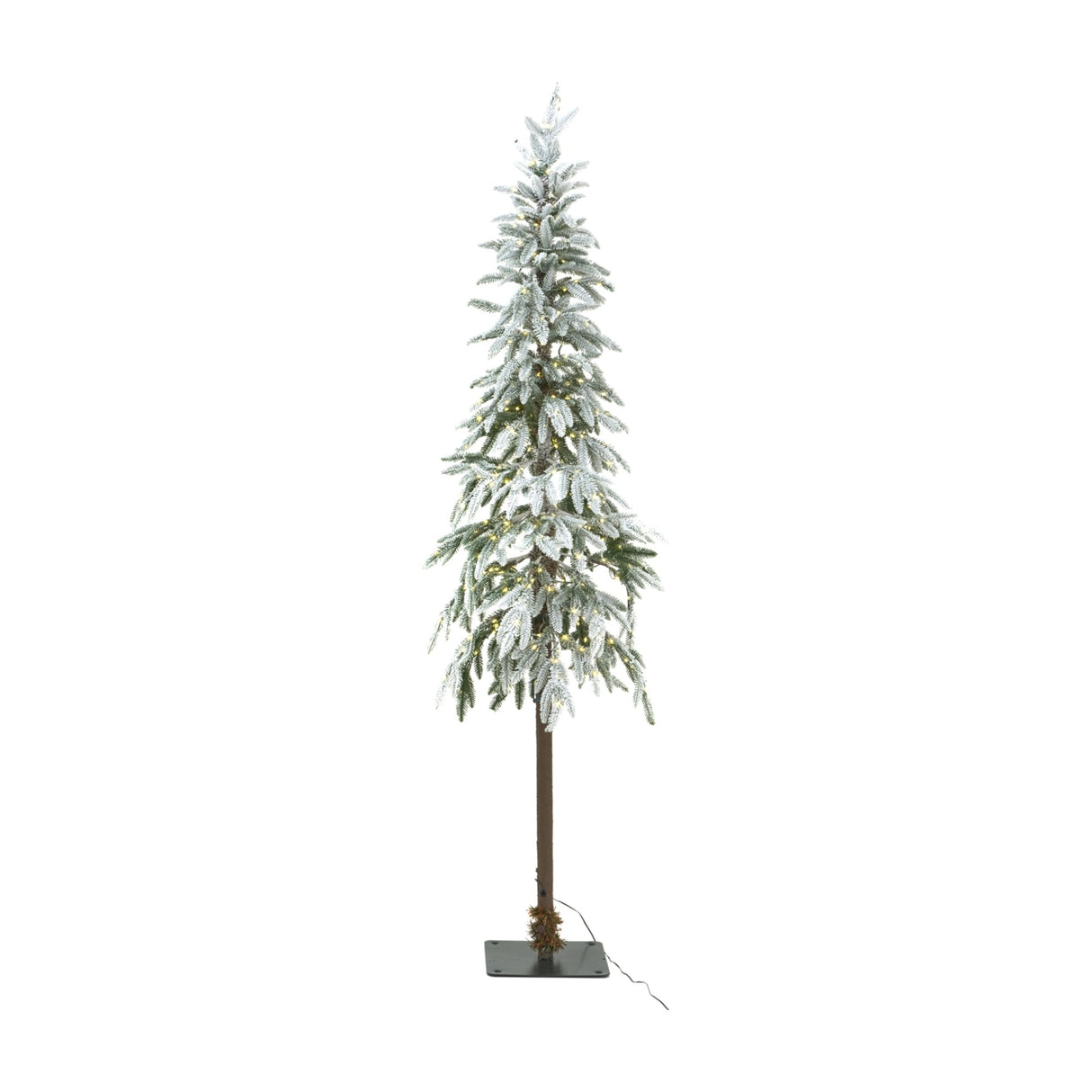 Hill Interiors Large Snowy Woodland 180cm pre-lit Christmas tree with slim alpine shape, snow-dusted green branches, 350 warm LEDs and metal base.