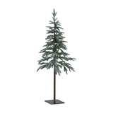 Hill Interiors Medium Snowy Woodland 120cm Christmas tree with slim tiered green branches, white snowy tips and a bare trunk on a square base, shown on white.