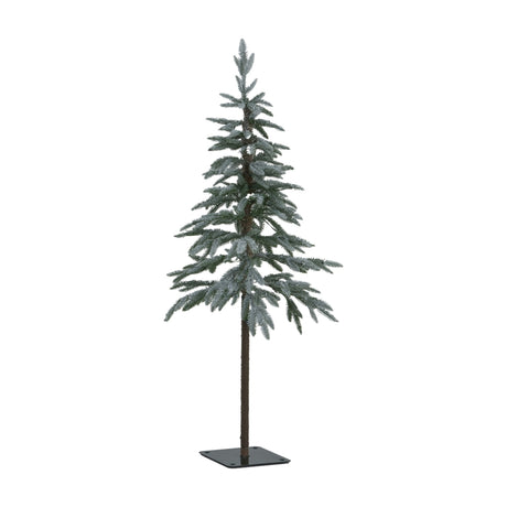 Hill Interiors Medium Snowy Woodland 120cm Christmas tree with slim tiered green branches, white snowy tips and a bare trunk on a square base, shown on white.