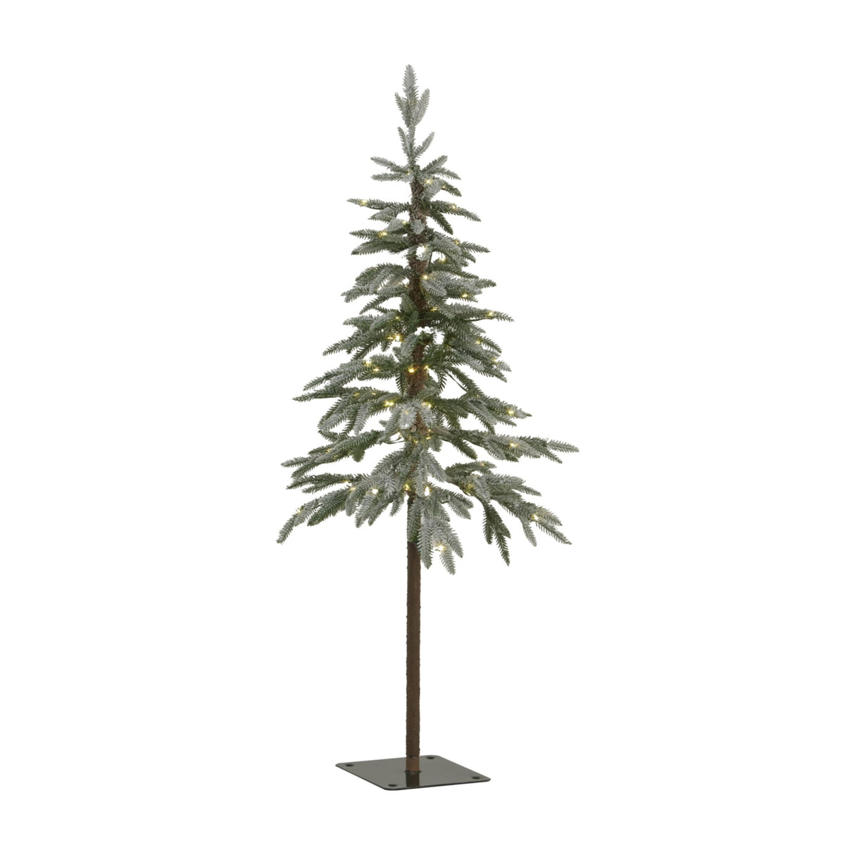 Hill Interiors Medium Snowy Woodland 120cm Christmas tree with slim tiered branches, white snowy tips and 200 warm LED lights on a metal base.