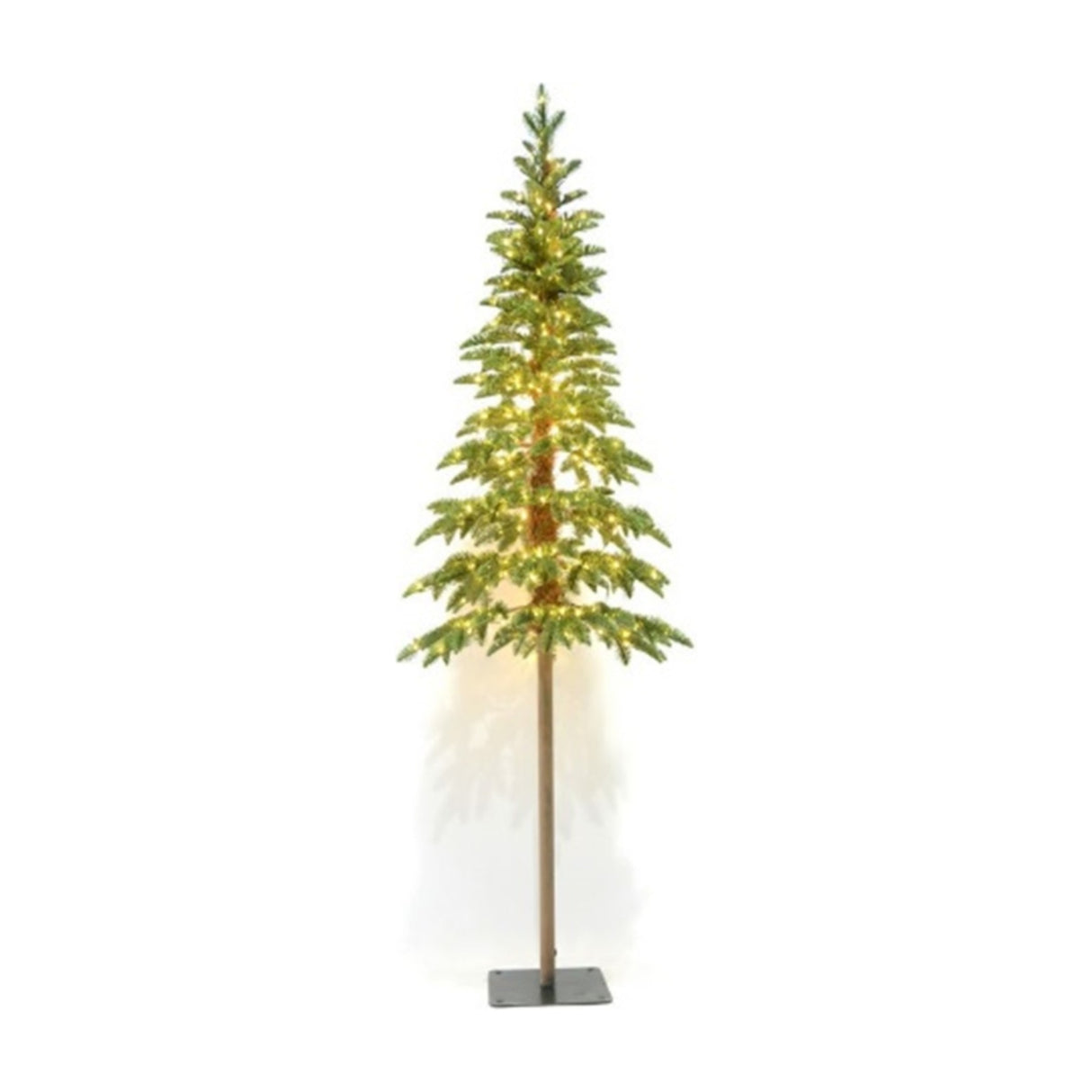 Hill Interiors Large Woodland pre-lit Christmas tree with 350 warm white LEDs, green tapered spruce foliage on a slim wooden trunk and square base.
