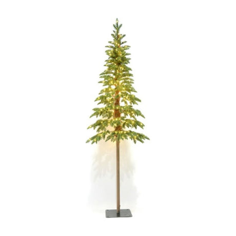 Hill Interiors Large Woodland pre-lit Christmas tree with 350 warm white LEDs, green tapered spruce foliage on a slim wooden trunk and square base.