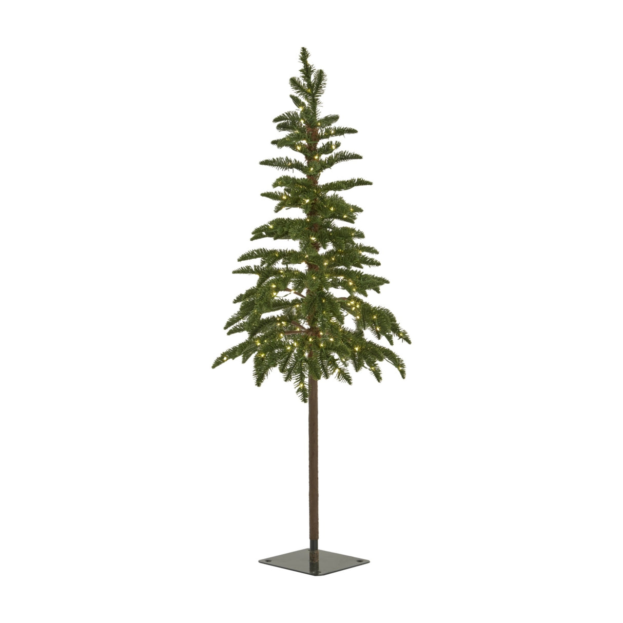 Hill Interiors Medium Woodland 120cm faux Christmas tree with layered green plastic branches, 200 pre-fitted warm LEDs and slim trunk on a square base.