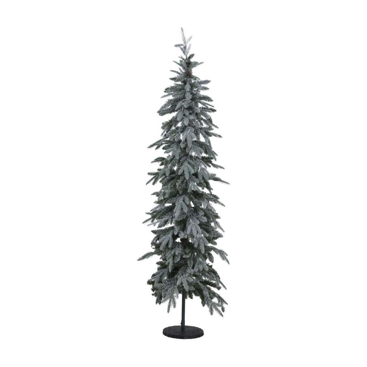 Hill Interiors Slim Snowy Woodland pre-lit Christmas tree with snow-dusted green branches on a black stand, shown against a plain white background.