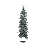 Hill Interiors Slim Snowy Woodland pre-lit Christmas tree with snow-dusted green branches on a black stand, shown against a plain white background.