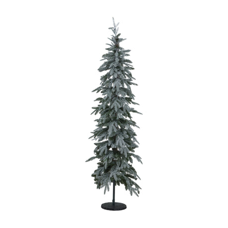 Hill Interiors Slim Snowy Woodland pre-lit Christmas tree with snow-dusted green branches on a black stand, shown against a plain white background.