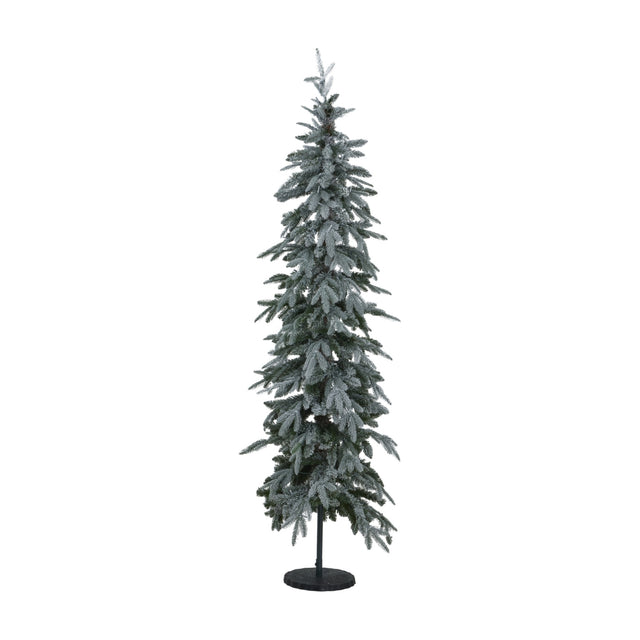 Hill Interiors Slim Snowy Woodland pre-lit Christmas tree with snow-dusted green branches on a black stand, shown against a plain white background.