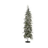 Hill Interiors Slim Snowy Woodland pre-lit Christmas tree with 200 warm white LEDs and frosted branches on a black base, shown against a white background.