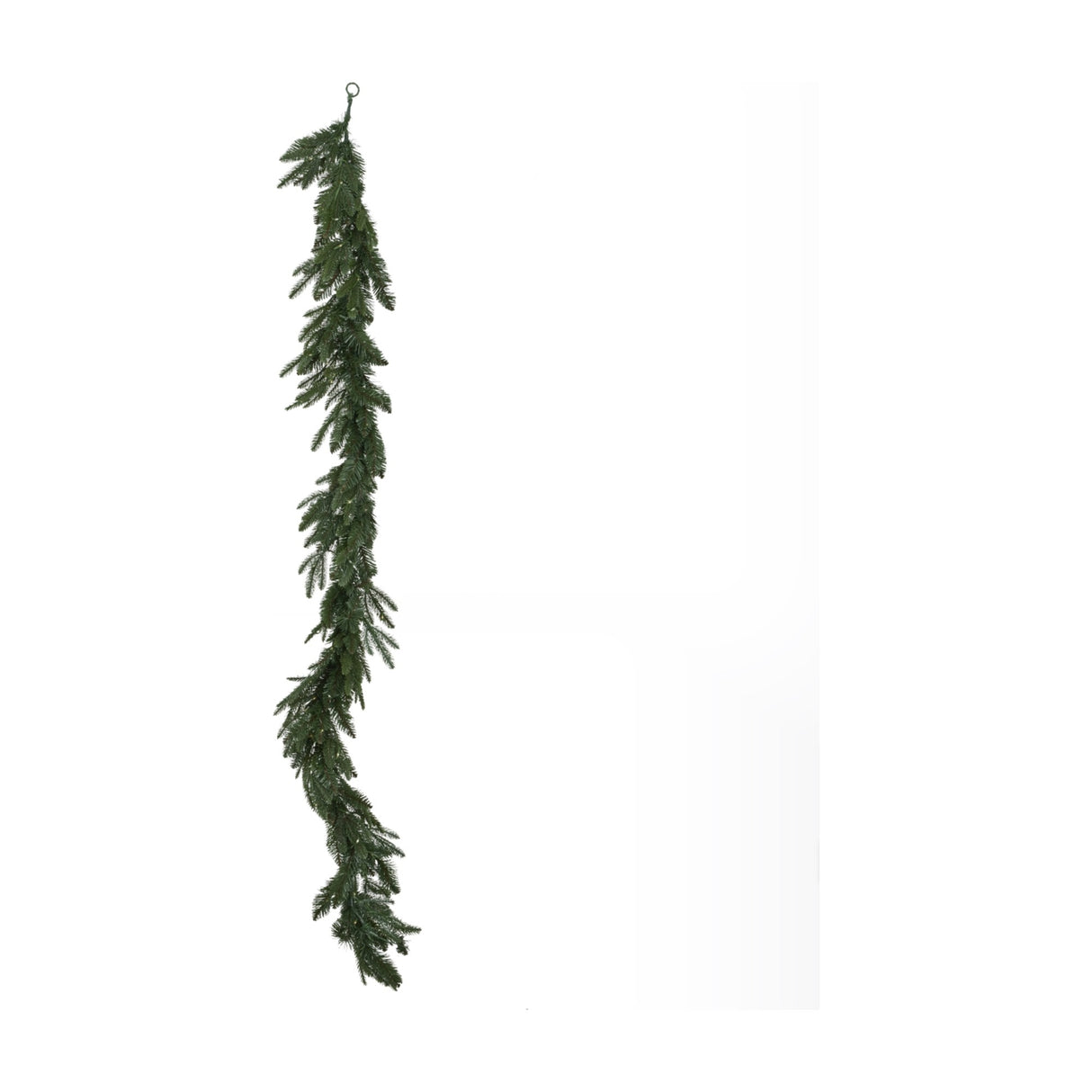 Hill Interiors Pre-Lit Woodland 200 LED Fir Christmas Garland in green with moulded plastic needles and hanging loop, shown vertically on a white background.