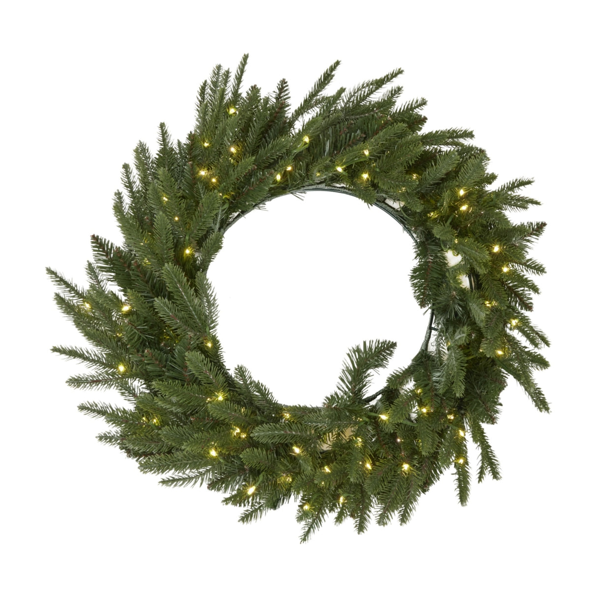Hill Interiors Pre-Lit Woodland Fir Christmas Wreath with 100 warm white LEDs woven through a full ring of green faux fir branches, on a white background.
