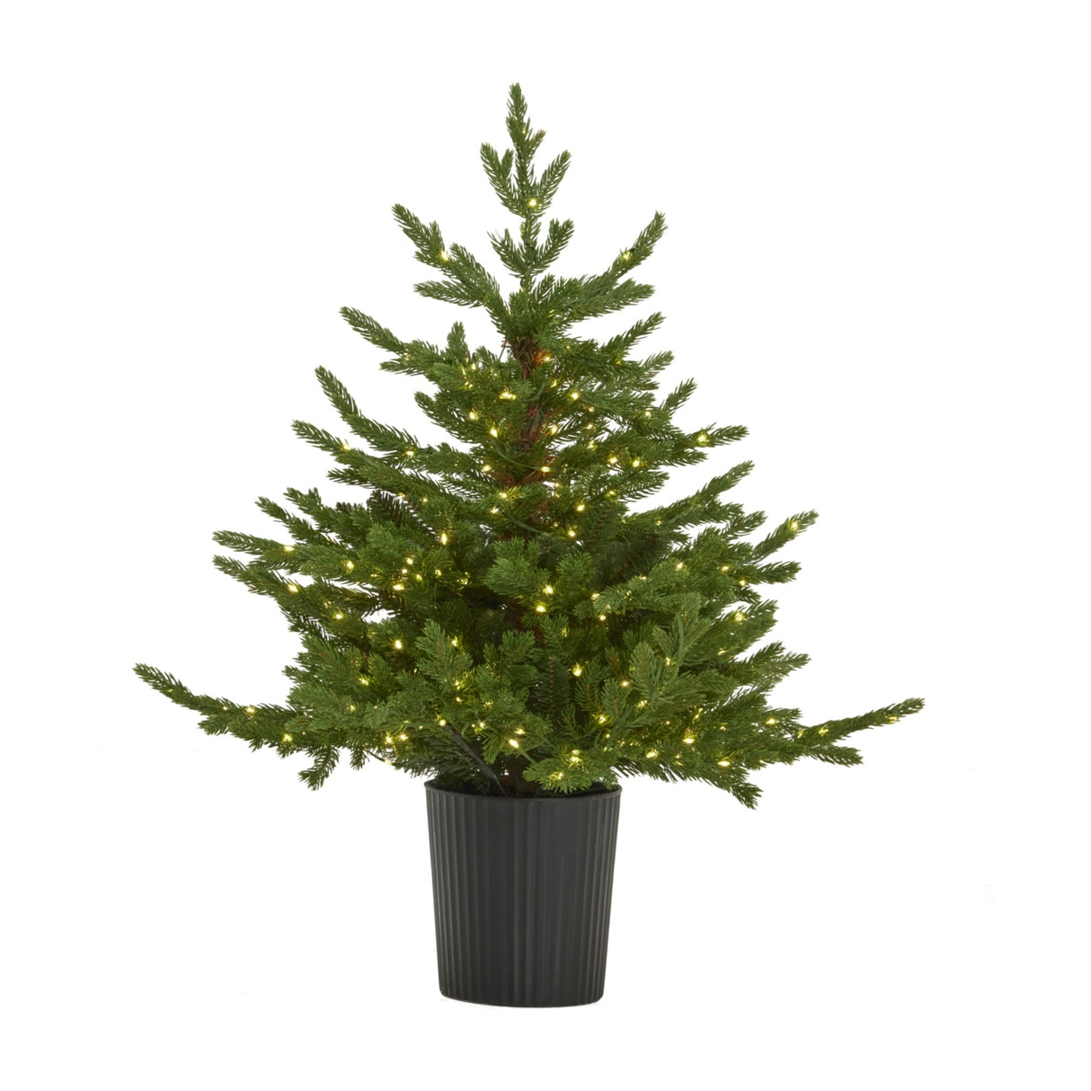 Hill Interiors pre-lit LED fir Christmas tree in a ribbed black pot, 300 warm lights woven through green foliage, shown on a plain white background.
