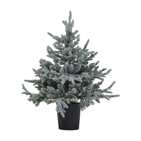 Hill Interiors Snowy Forest Fir potted Christmas tree with frosted green plastic branches and 300 warm LED lights in a black ribbed pot.