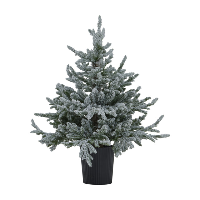 Hill Interiors Snowy Forest Fir potted Christmas tree with frosted green plastic branches and 300 warm LED lights in a black ribbed pot.