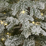 Close-up of Hill Interiors Snowy Forest Fir pre-lit Christmas tree showing frosted green plastic branches interwoven with warm white LED lights.