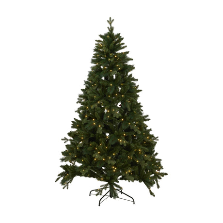 Hill Interiors Fir 400L LED Christmas tree at 210cm with tiered green plastic branches, pre-wired warm white lights and a black metal stand on white.