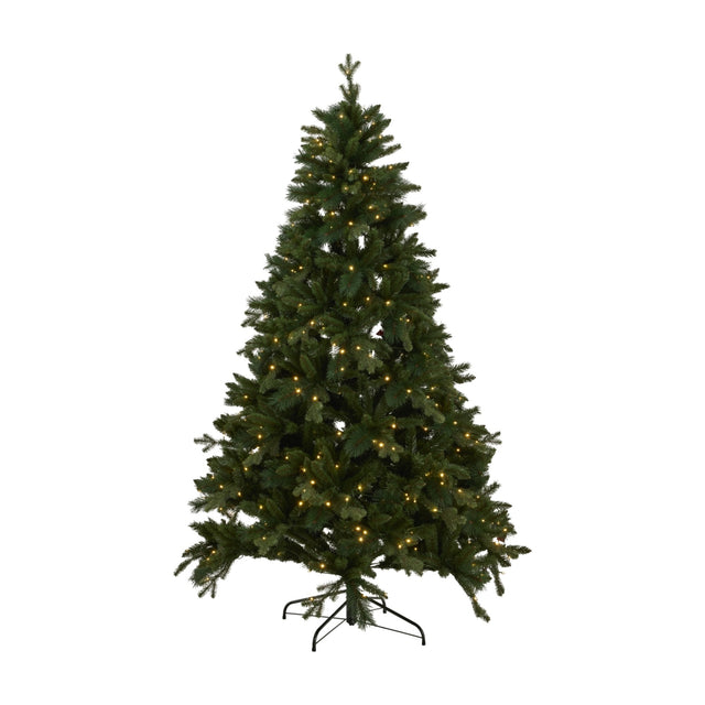 Hill Interiors Fir 400L LED Christmas tree at 210cm with tiered green plastic branches, pre-wired warm white lights and a black metal stand on white.