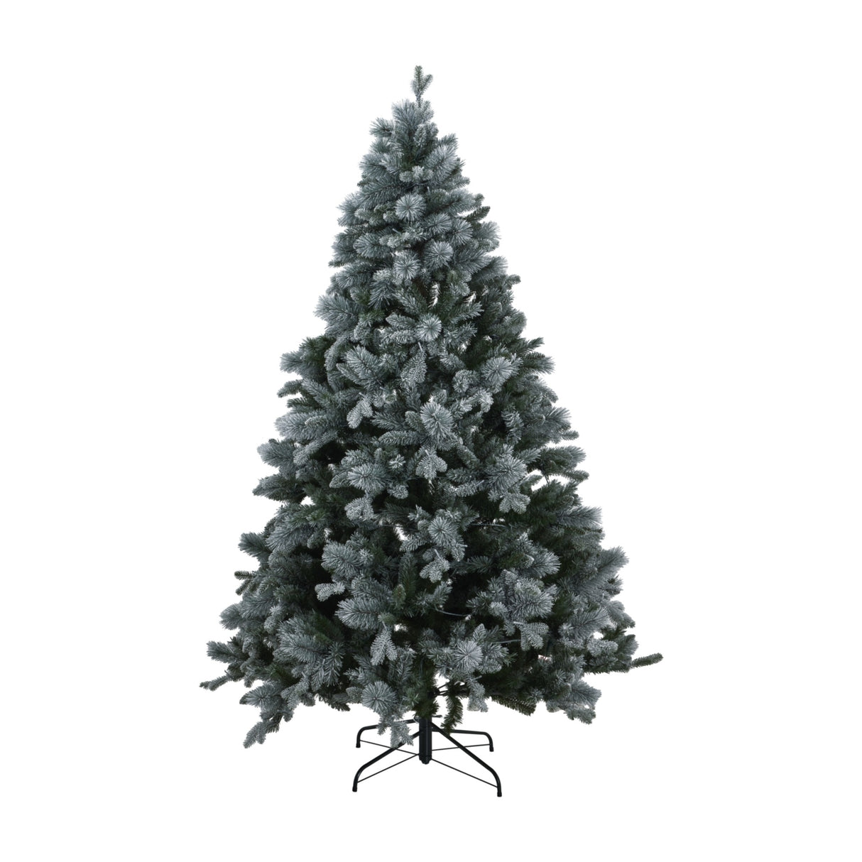 Hill Interiors Snowy Forest Fir 210cm artificial Christmas tree with frosted green branches and metal stand, shown unlit on a plain white background.
